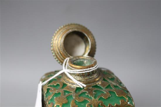 A 19th century French gilt metal mounted glass scent bottle, inset with painted and enamelled plaques, height 13cm
